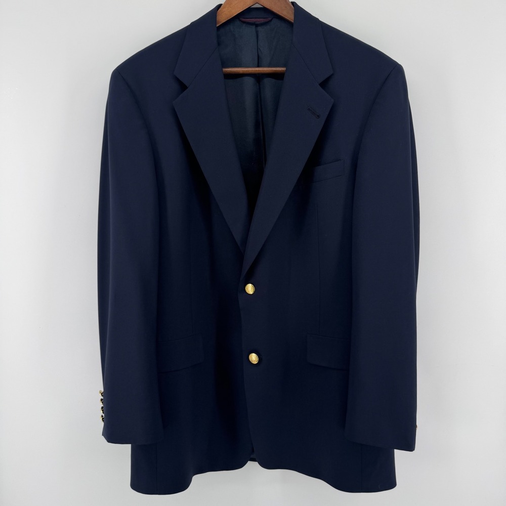 Hart Schaffner & Marx Blazer Mens 42L Navy Blue Wool Gold Crest Button Jacket